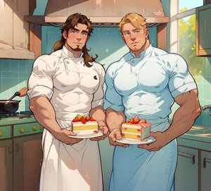 two men (two male), the one man has dark brown (dark hair) long hair, the other man character has short blond hair, blue eyes, they are eating cake, comfortable kitchen, motning, light color predominates, mature, handsome, 
 charming, alluring, affectionate eyes, lookat viewer, (perfect anatomy), perfect proportions, best quality, masterpiece, high_resolution, Dutch angle, cowboy shot, kitchen background, ghibli coloring style