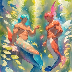 ((best quality)), ((masterpiece)), (detailed),  ((perfect face)), male,  two mermen are swimming, two merfolks, lean and muscular body, finned ears, fins, tail glows slightly with luminous scales, very long mermaid tail, bioluminescent, markings along his body,watercolor,perfect light,,<lora:659111690174031528:1.0>