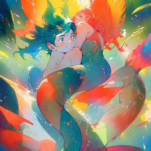  ((best quality)), ((masterpiece)), (detailed), ((perfect face)), male, two happy mermen are swimming, two merfolks, adult, long hair, lean and muscular body, finned ears, fins, tail glows slightly with luminous scales, very long mermaid tails, bioluminescent, markings along his body,watercolor, multicolor, perfect light