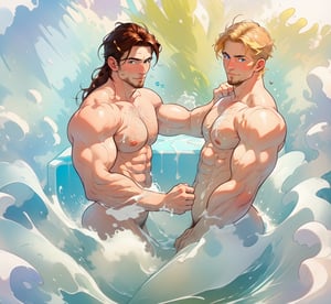 two men (two male), the one man has dark brown (dark hair) long hair, the other man character has short blond hair, blue eyes, they are in the bath in the water, there is foam on the water and there is a lot of foam around, rainbow soap bubbles are flying, white color predominates, no clothing, mature, handsome, muscle, mature, muscular , beefy, masculine, charming, alluring, affectionate eyes, lookat viewer, (perfect anatomy), perfect proportions, best quality, in the bathroom, in the morning, they are surrounded by soap foam, masterpiece, high_resolution, Dutch angle, cowboy shot, bathroom background,midjourney