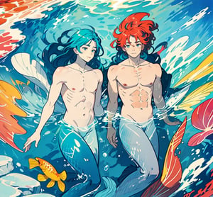 ((best quality)), ((masterpiece)), (detailed), ((perfect face)), male, broad shouldered men, ((two mermen)), two cheerful mermen are swimming, full bodies, adult, lean and huge muscular body, finned ears, fins, very long mermaid tails, bright saturated watercolor, multicolor, coloring in anime style, interesting seascape, fish, corals, beautiful turquoise clear water,<lora:659111690174031528:1.0>