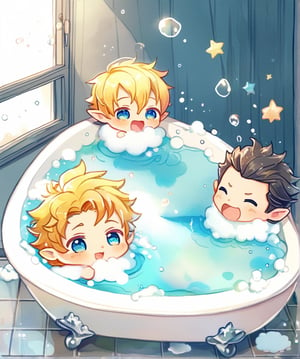 two chibi elfs men characters of the same height, two male, 1man and 1man are in the bath in the water, there is foam on the water and there is a lot of foam around, rainbow soap bubbles are flying, white color predominates, the one man has dark brown long hair, the other man character has short blond hair, blue eyes, no clothing, mature, handsome, muscle, mature, muscular , beefy, masculine, charming, alluring, affectionate eyes, lookat viewer, (perfect anatomy), perfect proportions, best quality, in the bathroom, white colors, in the morning, they are surrounded by soap foam, masterpiece, high_resolution, Dutch angle, cowboy shot, bathroom background, watercolor, soft linear,hoshino_aquamarine, Emote Chibi