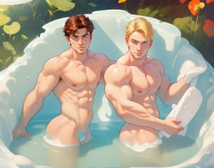 two men (two male), the one man has dark brown (dark hair) long hair, the other man character has short blond hair, blue eyes, they are in the bath in the water, there is foam on the water and there is a lot of foam around, rainbow soap bubbles are flying, white color predominates, no clothing, mature, handsome, muscle, mature, muscular , beefy, masculine, charming, alluring, affectionate eyes, lookat viewer, (perfect anatomy), perfect proportions, best quality, in the bathroom, in the morning, they are surrounded by soap foam, masterpiece, high_resolution, Dutch angle, cowboy shot, bathroom background