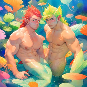  ((best quality)), ((masterpiece)), (detailed), ((perfect face)), male, two mermen are swimming, two merfolks, adult, long hair, lean and muscular body, finned ears, fins, tail glows slightly with luminous scales, very long mermaid tails, bioluminescent, markings along his body,watercolor, multicolor, perfect light