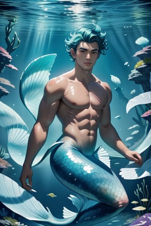 ((best quality)), ((masterpiece)), (detailed),  ((perfect face)), male, mermen are swimming, merfolks, lean and muscular body, Long finned ears, fins, tail glows slightly with luminous scales, mermaid tail, bioluminescent, markings along his body,watercolor,perfect light,,<lora:659111690174031528:1.0>