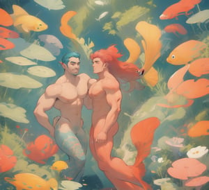 ((best quality)), ((masterpiece)), (detailed), ((perfect face)), male, broad shouldered men, adult, european handsome faces, ((two mermen)), two cheerful mermen are swimming, two merfolks, full bodies, adult, long hair, lean and huge muscular body, finned ears, fins, tail glows slightly with luminous scales, very long mermaid tails, bioluminescent, markings along his body, bright saturated, multicolor, coloring in anime style, interesting seascape, fish, corals, beautiful turquoise clear water, light penetrating through the water, perfect light, anime