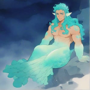 ((best quality)), ((masterpiece)), (detailed), ((perfect face)), male, broad shouldered men, european handsome faces, ((two mermen)), two cheerful mermen are swimming, two merfolks, full bodies, adult, long hair, lean and huge muscular body, finned ears, fins, tail glows slightly with luminous scales, very long mermaid tails, bioluminescent, markings along his body, bright saturated watercolor, multicolor, coloring in Ghibli style, interesting seascape, fish, corals, beautiful turquoise clear water, light penetrating through the water, perfect light