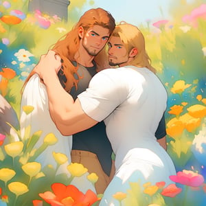 two men characters of the same height, two male, 1man and 1man are near each other, one man has dark brown long hair, the man character has short blond hair, blue eyes, clothing toga, mature, handsome, muscule, mature, muscular, beefy, masculine, charming, alluring,  affectionate eyes, lookat viewer, (perfect anatomy), perfect proportions, best quality, in the garden of statues, gray  colours, colours of stones, in the evening, they are surrounded by the ruined remains of stone fences, next to them there is a beautiful marble white antique sculpture, dark evening lighting, masterpiece, high_resolution, dutch angle, cowboy shot, garden of statues background, watercolor,comic book, linear, background of muted colors monochrome,no_humans