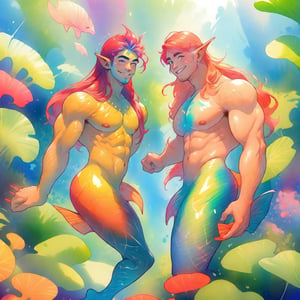  ((best quality)), ((masterpiece)), (detailed), ((perfect face)), male, two happy mermen are swimming, two merfolks, adult, long hair, lean and muscular body, finned ears, fins, tail glows slightly with luminous scales, very long mermaid tails, bioluminescent, markings along his body,watercolor, multicolor, perfect light,portrait