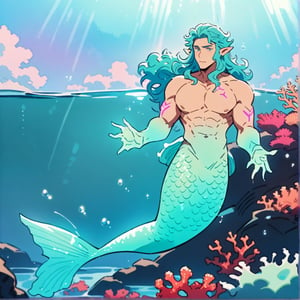 ((best quality)), ((masterpiece)), (detailed), ((perfect face)), male, broad shouldered men, european handsome faces, ((two mermen)), two cheerful mermen are swimming, two merfolks, full bodies, adult, long hair, lean and huge muscular body, finned ears, fins, tail glows slightly with luminous scales, very long mermaid tails, bioluminescent, markings along his body, bright saturated watercolor, multicolor, coloring in anime style, interesting seascape, fish, corals, beautiful turquoise clear water, light penetrating through the water, perfect light,memcho