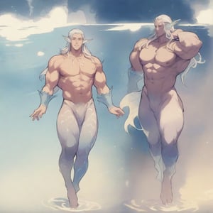 ((best quality)), ((masterpiece)), (detailed), ((perfect face)), male, full bodies, broad shouldered men, huge muscular, european handsome face, two cheerful mermen are swimming, two merfolks, adult, long hair, lean and muscular body, finned ears, fins, tail glows slightly with luminous scales, very long mermaid tails, bioluminescent, markings along his body,watercolor, multicolor, perfect light