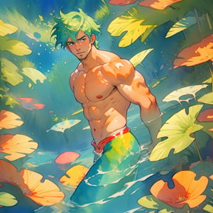 mermen are swimming in blue water, mature, handsome, muscle, masculine, charming, alluring, affectionate eyes, lookat viewer, (perfect anatomy), perfect proportions, best quality, masterpiece, high_resolution, Dutch angle, cowboy shot, watercolor