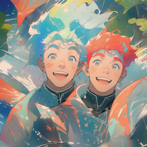 ((best quality)), ((masterpiece)), (detailed), ((perfect face)), male, two cheerful mermen are swimming, two merfolks, adult, long hair, lean and muscular body, finned ears, fins, tail glows slightly with luminous scales, very long mermaid tails, bioluminescent, markings along his body,watercolor, multicolor, perfect light