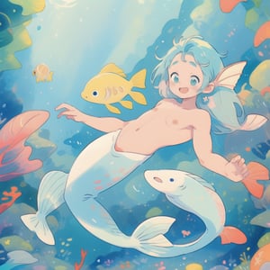 ((best quality)), ((masterpiece)), (detailed), ((perfect face)), male, two cheerful mermen are swimming, two merfolks, adult, long hair, lean and muscular body, finned ears, fins, tail glows slightly with luminous scales, very long mermaid tails, bioluminescent, markings along his body,watercolor, multicolor, perfect light,1guy