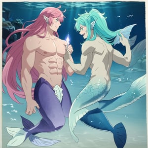 ((best quality)), ((masterpiece)), (detailed), ((perfect face)), male, two cheerful mermen are swimming, two merfolks, adult, long hair, lean and muscular body, finned ears, fins, tail glows slightly with luminous scales, very long mermaid tails, bioluminescent, markings along his body,watercolor, multicolor, perfect light