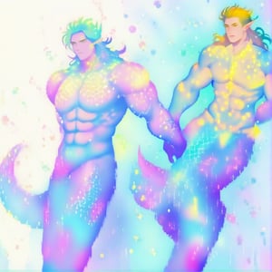 ((best quality)), ((masterpiece)), (detailed), ((perfect face)), male, full bodies, body builder men, huge muscular, european handsome face, two cheerful mermen are swimming, two merfolks, adult, long hair, lean and muscular body, finned ears, fins, tail glows slightly with luminous scales, very long mermaid tails, bioluminescent, markings along his body,watercolor,<lora:659095807385103906:1.0>,<lora:659095807385103906:1.0>,<lora:659095807385103906:1.0>