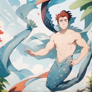 ((best quality)), ((masterpiece)), (detailed), ((perfect face)), male, two mermen are swimming, two merfolks, lean and muscular body, finned ears, fins, tail glows slightly with luminous scales, very long mermaid tail, bioluminescent, markings along his body,watercolor,perfect light,Granat