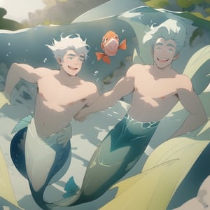 ((best quality)), ((masterpiece)), (detailed), ((perfect face)), male, two cheerful mermen are swimming, two merfolks, lean and muscular body, finned ears, fins, tail glows slightly with luminous scales, very long mermaid tail, bioluminescent, markings along his body,watercolor,perfect light