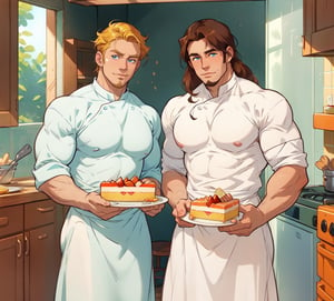two men (two male), the one man has dark brown (dark hair) long hair, the other man character has short blond hair, blue eyes, they are eating cake, comfortable kitchen, motning, light color predominates, mature, handsome, 
 charming, alluring, affectionate eyes, lookat viewer, (perfect anatomy), perfect proportions, best quality, masterpiece, high_resolution, Dutch angle, cowboy shot, kitchen background, ghibli coloring style