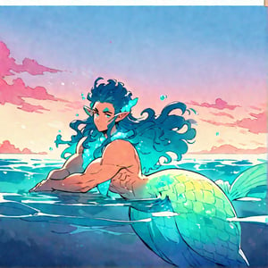 ((best quality)), ((masterpiece)), (detailed), ((perfect face)), male, broad shouldered men, european handsome faces, ((two mermen)), two cheerful mermen are swimming, two merfolks, full bodies, adult, long hair, lean and huge muscular body, finned ears, fins, tail glows slightly with luminous scales, very long mermaid tails, bioluminescent, markings along his body, bright saturated watercolor, multicolor, coloring in anime style, interesting seascape, fish, corals, beautiful turquoise clear water, light penetrating through the water, perfect light