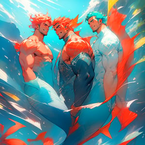 ((best quality)), ((masterpiece)), (detailed), ((perfect face)), male, broad shouldered men, adult, european handsome faces, ((two mermen)), two cheerful mermen are swimming, two merfolks, full bodies, adult, long hair, lean and huge muscular body, finned ears, fins, tail glows slightly with luminous scales, very long mermaid tails, bioluminescent, markings along his body, bright saturated, multicolor, coloring in anime style, interesting seascape, fish, corals, beautiful turquoise clear water, light penetrating through the water, perfect light, anime