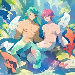 ((best quality)), ((masterpiece)), (detailed), ((perfect face)), male, two cheerful mermen are swimming, two merfolks, adult, long hair, lean and muscular body, finned ears, fins, tail glows slightly with luminous scales, very long mermaid tails, bioluminescent, markings along his body,watercolor, multicolor, perfect light,,,,<lora:659111690174031528:1.0>