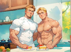 two men (two male), the one man has dark brown long hair, the other man character has short blond hair, blue eyes, they are eating cake, comfortable kitchen, motning, light color predominates, mature, handsome, muscle, mature, muscular, beefy, masculine, charming, alluring, affectionate eyes, lookat viewer, (perfect anatomy), perfect proportions, best quality, white colors, masterpiece, high_resolution, Dutch angle, cowboy shot, kitchen background, watercolor, soft linear, simple colors, no shadows, no shading, black contour line