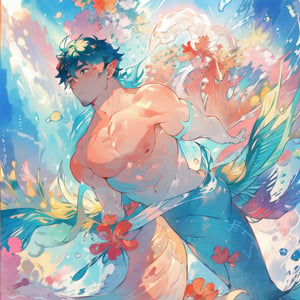 ((best quality)), ((masterpiece)), (detailed), ((perfect face)), male, broad shouldered men, european handsome faces, ((two mermen)), two cheerful mermen are swimming, full bodies, adult, long hair, lean and huge muscular body, finned ears, fins, tail glows slightly with luminous scales, very long mermaid tails, bioluminescent, markings along his body, bright saturated watercolor, multicolor, coloring in anime style, interesting seascape, fish, corals, beautiful turquoise clear water, light penetrating through the water, perfect light,watercolor