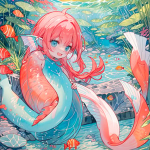 ((best quality)), ((masterpiece)), (detailed), ((perfect face)), male, two cheerful mermen are swimming, two merfolks, adult, long hair, lean and muscular body, finned ears, fins, tail glows slightly with luminous scales, very long mermaid tails, bioluminescent, markings along his body,watercolor, multicolor, perfect light,rokudenashi