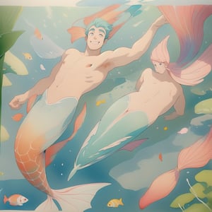 ((best quality)), ((masterpiece)), (detailed), ((perfect face)), male, two cheerful mermen are swimming, two merfolks, adult, long hair, lean and muscular body, finned ears, fins, tail glows slightly with luminous scales, very long mermaid tails, bioluminescent, markings along his body,watercolor, multicolor, perfect light,1guy