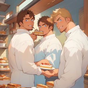 two men (two male), the one man has dark brown (dark hair) long hair, the other man character has short blond hair, blue eyes, they are eating cake, comfortable kitchen, motning, light color predominates, mature, handsome, 
 charming, alluring, affectionate eyes, lookat viewer, (perfect anatomy), perfect proportions, best quality, masterpiece, high_resolution, Dutch angle, cowboy shot, kitchen background, simple colors, 