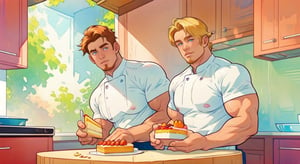 two men (two male), the one man has dark brown long hair, the other man character has short blond hair, blue eyes, they are eating cake, comfortable kitchen, motning, light color predominates, mature, handsome, muscle, mature, muscular, beefy, masculine, charming, alluring, affectionate eyes, lookat viewer, (perfect anatomy), perfect proportions, best quality, white colors, masterpiece, high_resolution, Dutch angle, cowboy shot, kitchen background, watercolor, soft linear, simple colors, no shadows, no shading, black contour line,<lora:659111690174031528:1.0>