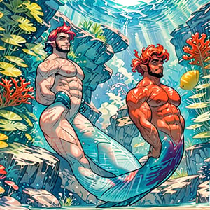 ((best quality)), ((masterpiece)), (detailed), ((perfect face)), male, broad shouldered men, adult, european handsome faces, ((two mermen)), two cheerful mermen are swimming, two merfolks, full bodies, adult, lean and huge muscular body, finned ears, fins, tail glows slightly with luminous scales, very long mermaid tails, bioluminescent, markings along his body, bright saturated, multicolor, coloring in anime style, interesting seascape, fish, corals, beautiful turquoise clear water, light penetrating through the water, perfect light, anime,<lora:659111690174031528:1.0>,<lora:659111690174031528:1.0>