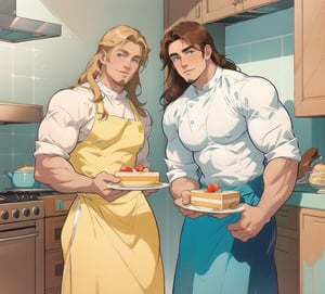 two men (two male), the one man has dark brown (dark hair) long hair, the other man character has short blond hair, blue eyes, they are eating cake, comfortable kitchen, motning, light color predominates, mature, handsome, 
 charming, alluring, affectionate eyes, lookat viewer, (perfect anatomy), perfect proportions, best quality, masterpiece, high_resolution, Dutch angle, cowboy shot, kitchen background, ghibli coloring style