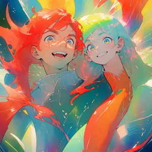  ((best quality)), ((masterpiece)), (detailed), ((perfect face)), male, two happy mermen are swimming, two merfolks, adult, long hair, lean and muscular body, finned ears, fins, tail glows slightly with luminous scales, very long mermaid tails, bioluminescent, markings along his body,watercolor, multicolor, perfect light