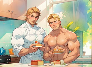 two men (two male), the one man has dark brown long hair, the other man character has short blond hair, blue eyes, they are eating cake, comfortable kitchen, motning, light color predominates, mature, handsome, muscle, mature, muscular, beefy, masculine, charming, alluring, affectionate eyes, lookat viewer, (perfect anatomy), perfect proportions, best quality, white colors, masterpiece, high_resolution, Dutch angle, cowboy shot, kitchen background, watercolor, soft linear, simple colors, no shadows, no shading, black contour line