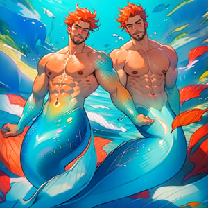 mermaid men are swimming in blue water, mature, handsome, muscle, beefy, masculine, charming, alluring, affectionate eyes, lookat viewer, (perfect anatomy), perfect proportions, best quality, masterpiece, high_resolution, Dutch angle, cowboy shot, watercolor,mermaid,aacoco,hmnl,siren_core