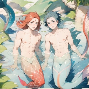 ((best quality)), ((masterpiece)), (detailed), ((perfect face)), male, two mermen are swimming, two merfolks, lean and muscular body, finned ears, fins, tail glows slightly with luminous scales, very long mermaid tail, bioluminescent, markings along his body,watercolor,perfect light,Granat