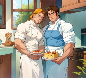 two men (two male), the one man has dark brown (dark hair) long hair, the other man character has short blond hair, blue eyes, they are eating cake, comfortable kitchen, motning, light color predominates, mature, handsome, 
 charming, alluring, affectionate eyes, lookat viewer, (perfect anatomy), perfect proportions, best quality, masterpiece, high_resolution, Dutch angle, cowboy shot, kitchen background, ghibli coloring style