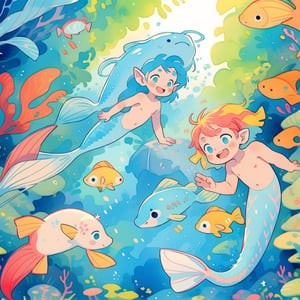 ((best quality)), ((masterpiece)), (detailed), ((perfect face)), male, two cheerful mermen are swimming, two merfolks, adult, long hair, lean and muscular body, finned ears, fins, tail glows slightly with luminous scales, very long mermaid tails, bioluminescent, markings along his body,watercolor, multicolor, perfect light