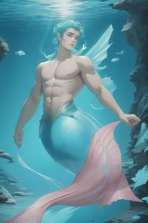 ((best quality)), ((masterpiece)), (detailed),  ((perfect face)), male, mermen are swimming, merfolks, lean and muscular body, Long finned ears, fins, tail glows slightly with luminous scales, mermaid tail, bioluminescent, markings along his body,watercolor,perfect light, wonderful background