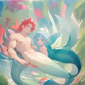 ((best quality)), ((masterpiece)), (detailed), ((perfect face)), male, two mermen are swimming, two merfolks, lean and muscular body, finned ears, fins, tail glows slightly with luminous scales, very long mermaid tail, bioluminescent, markings along his body,watercolor,perfect light
