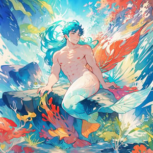 ((best quality)), ((masterpiece)), (detailed), ((perfect face)), male, broad shouldered men, european handsome faces, ((two mermen)), two cheerful mermen are swimming, full bodies, adult, long hair, lean and huge muscular body, finned ears, fins, tail glows slightly with luminous scales, very long mermaid tails, bioluminescent, markings along his body, bright saturated watercolor, multicolor, coloring in anime style, interesting seascape, fish, corals, beautiful turquoise clear water, light penetrating through the water, perfect light,watercolor