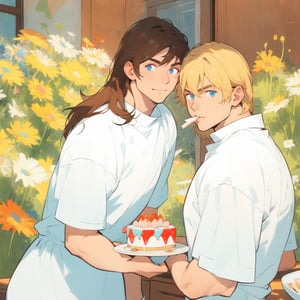 two men (two male), the one man has dark brown (dark hair) long hair, the other man character has short blond hair, blue eyes, they are eating cake, comfortable kitchen, motning, light color predominates, mature, handsome, 
 charming, alluring, affectionate eyes, lookat viewer, (perfect anatomy), perfect proportions, best quality, masterpiece, high_resolution, Dutch angle, cowboy shot, kitchen background, simple colors, ,cartoon