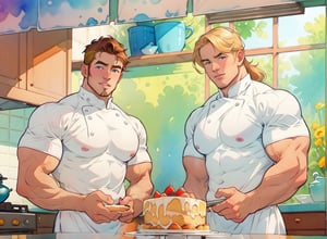 two men (two male), the one man has dark brown long hair, the other man character has short blond hair, blue eyes, they are eating cake, comfortable kitchen, motning, light color predominates, mature, handsome, muscle, mature, muscular, beefy, masculine, charming, alluring, affectionate eyes, lookat viewer, (perfect anatomy), perfect proportions, best quality, white colors, masterpiece, high_resolution, Dutch angle, cowboy shot, kitchen background, watercolor, soft linear, simple colors, no shadows, no shading, black contour line