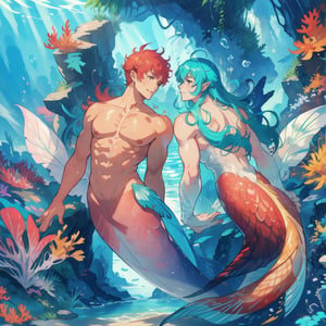 ((best quality)), ((masterpiece)), (detailed), ((perfect face)), male, broad shouldered men, european handsome faces, ((two mermen)), two cheerful mermen are swimming, full bodies, adult, long hair, lean and huge muscular body, finned ears, fins, tail glows slightly with luminous scales, very long mermaid tails, bioluminescent, markings along his body, bright saturated watercolor, multicolor, coloring in anime style, interesting seascape, fish, corals, beautiful turquoise clear water, light penetrating through the water, perfect light,watercolor