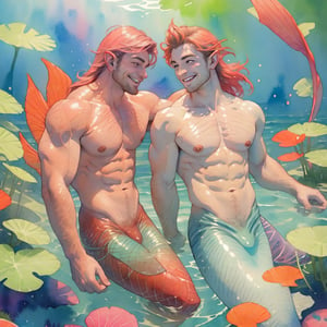  ((best quality)), ((masterpiece)), (detailed), ((perfect face)), male, two happy mermen are swimming, two merfolks, adult, long hair, lean and muscular body, finned ears, fins, tail glows slightly with luminous scales, very long mermaid tails, bioluminescent, markings along his body,watercolor, multicolor, perfect light,Pencil