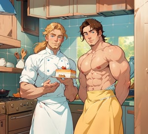 two men (two male), the one man has dark brown (dark hair) long hair, the other man character has short blond hair, blue eyes, they are eating cake, comfortable kitchen, motning, light color predominates, mature, handsome, 
 charming, alluring, affectionate eyes, lookat viewer, (perfect anatomy), perfect proportions, best quality, masterpiece, high_resolution, Dutch angle, cowboy shot, kitchen background, ghibli coloring style