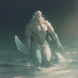 ((best quality)), ((masterpiece)), (detailed), ((perfect face)), male, broad shouldered men, european handsome faces, two cheerful mermen are swimming, two merfolks, full bodies, adult, long hair, lean and huge muscular body, finned ears, fins, tail glows slightly with luminous scales, very long mermaid tails, bioluminescent, markings along his body,watercolor, multicolor, perfect light,holding,score_9