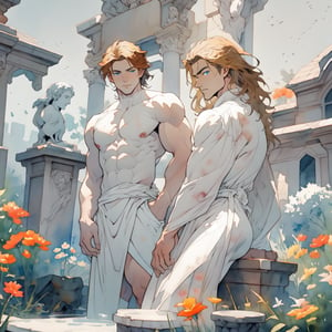 two men characters of the same height, two male, 1man and 1man are near each other, one man has dark brown long hair, the man character has short blond hair, blue eyes, clothing toga, mature, handsome, muscule, mature, muscular, beefy, masculine, charming, alluring,  affectionate eyes, lookat viewer, (perfect anatomy), perfect proportions, best quality, in the garden of statues, gray  colours, colours of stones, in the evening, they are surrounded by the ruined remains of stone fences, next to them there is a beautiful marble white antique sculpture, dark evening lighting, masterpiece, high_resolution, dutch angle, cowboy shot, garden of statues background, watercolor,comic book, linear, background of muted colors monochrome,no_humans,Dreamscape,CrclWc